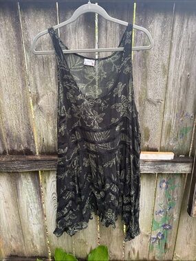 Free People Black Tank Top with Olive Floral Print